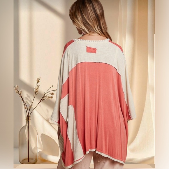 POL Peach Cream Oversized Boho Top Net Sleeve Color block Blouse - Picture 4 of 6